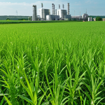 A lush green field with a modern green hydrogen plant in the background, symbolizing environmental friendliness and new economic opportunities.