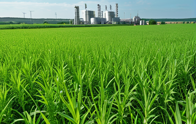 A lush green field with a modern green hydrogen plant in the background, symbolizing environmental friendliness and new economic opportunities.