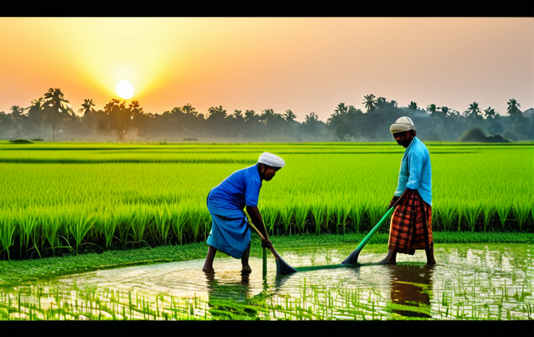 **
A lush, green paddy field in rural Bangladesh at sunset. Farmers, fully clothed in traditional Bengali attire (lungi, gamcha), are working diligently. A small, modern, green hydrogen-powered irrigation pump is visible, providing water. Golden hour lighting, hyperrealistic detail, safe for work, appropriate content, fully clothed, family-friendly, professional agricultural photography. Perfect anatomy, correct proportions, natural pose.
**