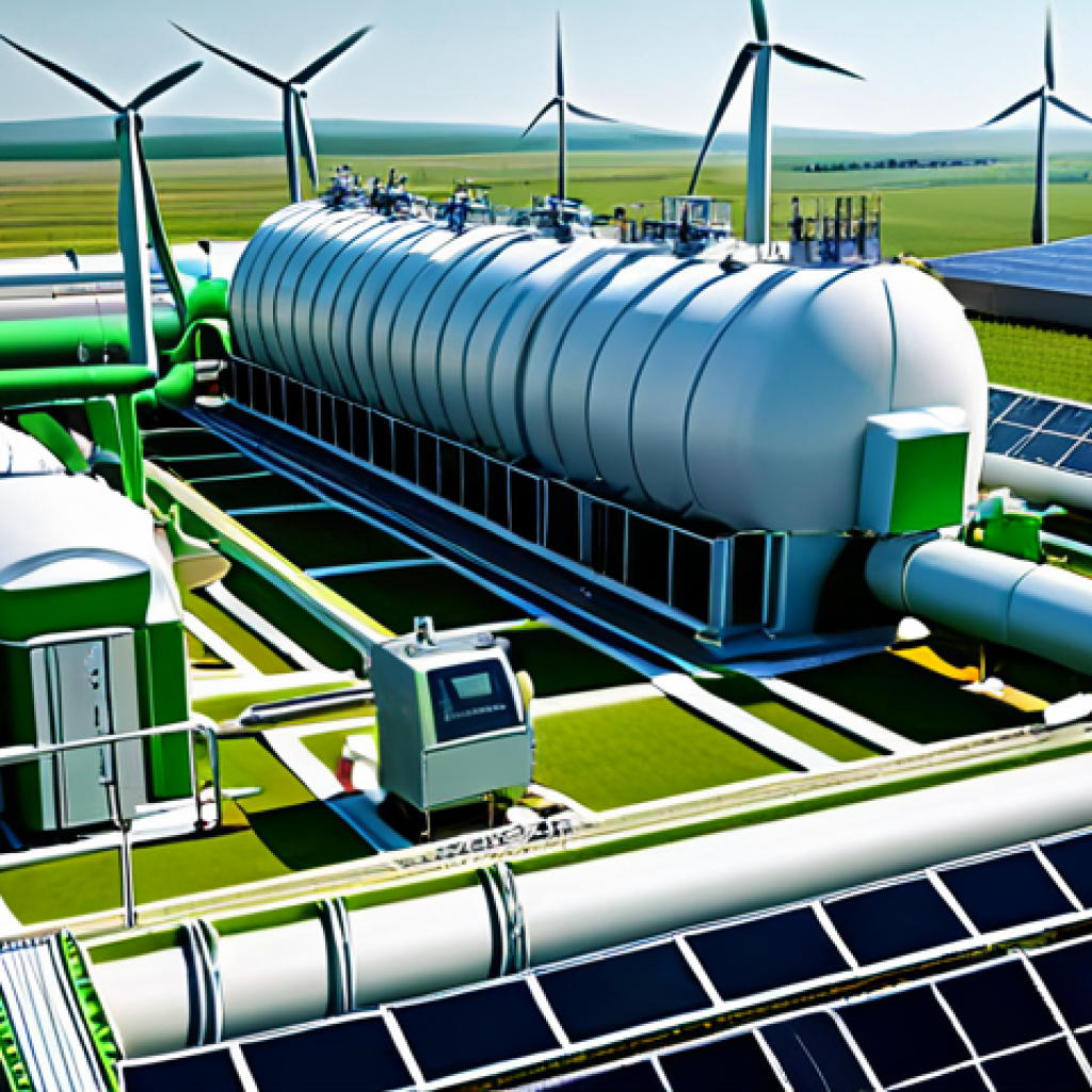 A futuristic green hydrogen production plant with solar panels and wind turbines, electrolyzers splitting water, pipelines distributing hydrogen, fully clothed engineers monitoring the process, safe for work, appropriate content, professional, perfect anatomy, natural proportions, high-resolution rendering.