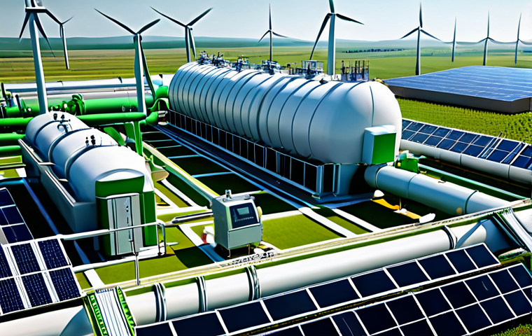 A futuristic green hydrogen production plant with solar panels and wind turbines, electrolyzers splitting water, pipelines distributing hydrogen, fully clothed engineers monitoring the process, safe for work, appropriate content, professional, perfect anatomy, natural proportions, high-resolution rendering.