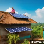 Home 15 그린 수소와 대체 에너지의 비교 - A vibrant rooftop scene in a Bengali village featuring a family installing solar panels under bright...