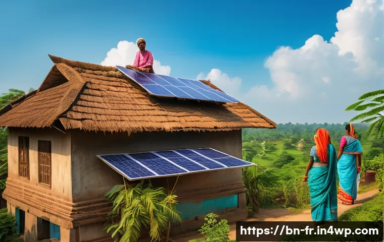 그린 수소와 대체 에너지의 비교 - A vibrant rooftop scene in a Bengali village featuring a family installing solar panels under bright...