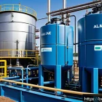 Home 19 그린 수소의 생애 주기 분석 - A detailed industrial scene showing an advanced alkaline electrolyzer setup for green hydrogen produ...
