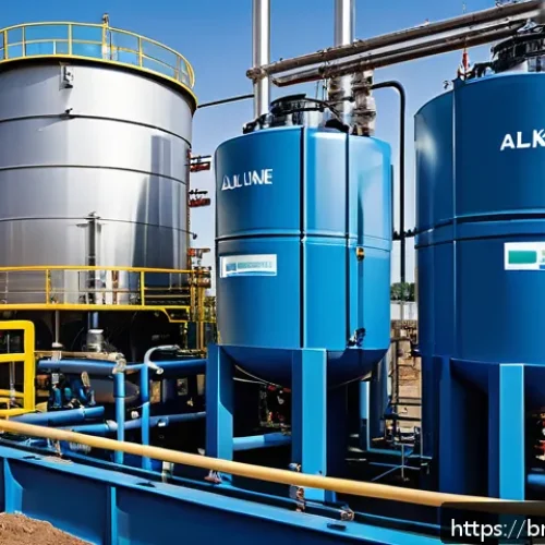 Home 13 그린 수소의 생애 주기 분석 - A detailed industrial scene showing an advanced alkaline electrolyzer setup for green hydrogen produ...