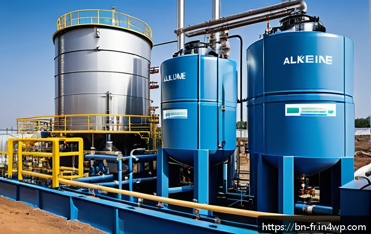 그린 수소의 생애 주기 분석 - A detailed industrial scene showing an advanced alkaline electrolyzer setup for green hydrogen produ...