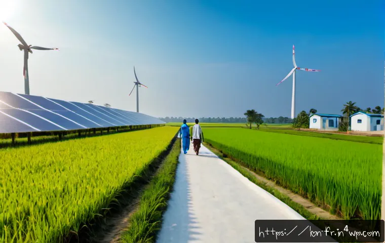 Home 15 그린 수소와 지역사회 발전 - Photorealistic wide-angle view of a green hydrogen production facility beside a peaceful rural commu...