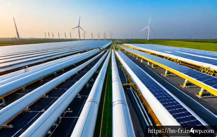 그린 수소 경제의 시장 경쟁력 - Photorealistic wide-angle view of a modern green hydrogen production facility beside a large solar f...
