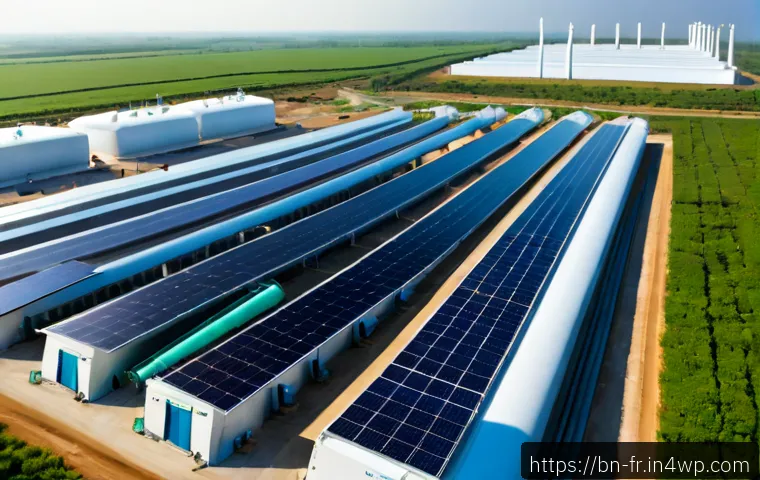 그린 수소 경제의 발전 방향 - Photorealistic wide-angle view of a modern green hydrogen production facility beside a large solar f...